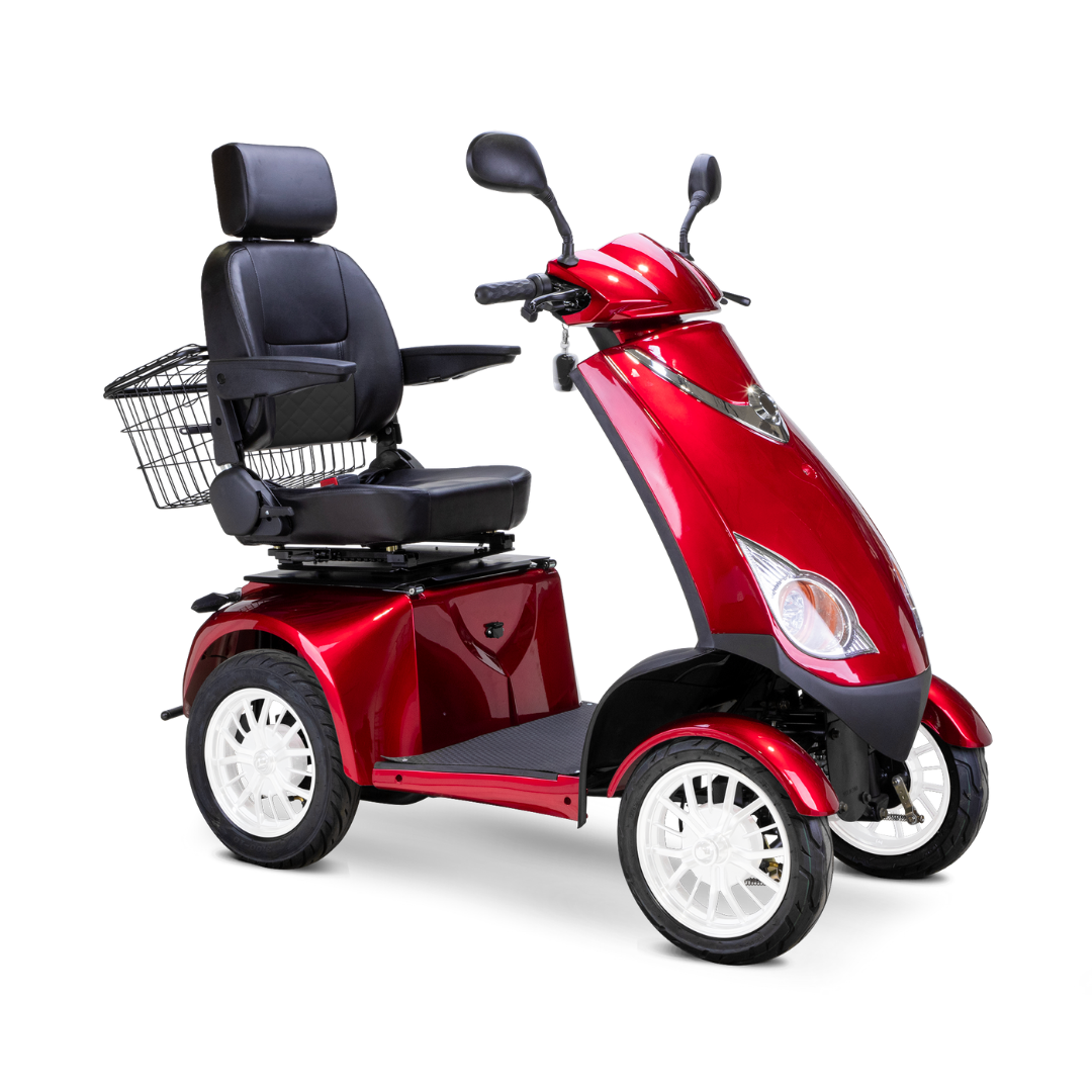 The Bespoke Platinum Recreational 4-Wheel Scooter features a vibrant red finish, black cushioned seat with armrests and headrest, handlebars, rear wire basket, and electric brake assist—ideal for comfort-focused recreational scooter enthusiasts.